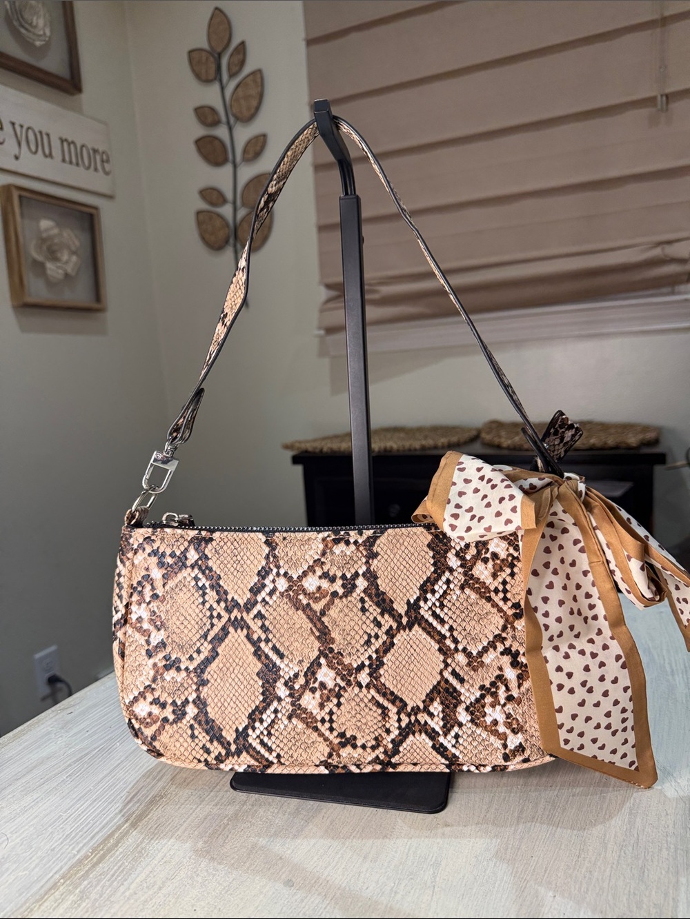 Vintage Y2K Snakeskin Print Shoulder Bag with Tie Scarf - Tan